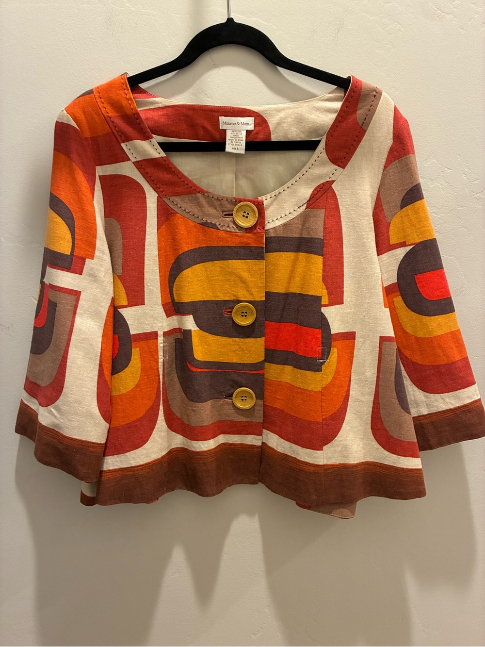 Monroe & Main Retro Geometric Button-Front Jacket in Orange, Red, Yellow, Brown
